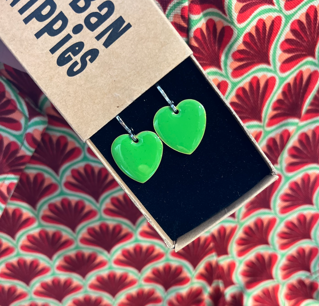 Urban Hippies Øredobber Lime Green Hearts GP - Retropiken