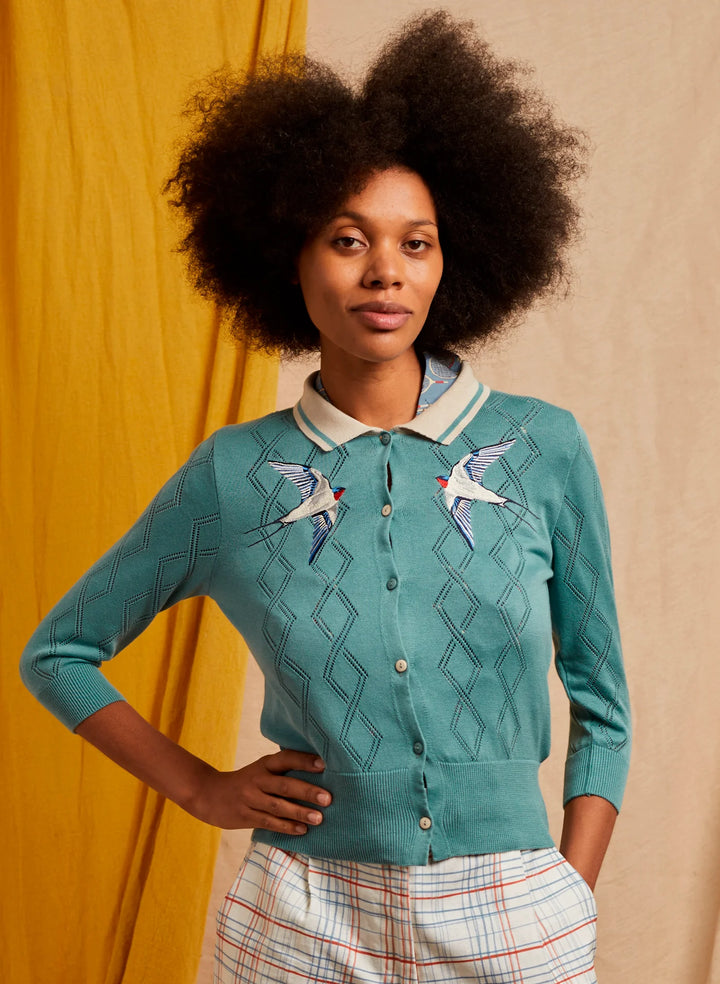 Fern Cardigan – Mineral Blue Swallows